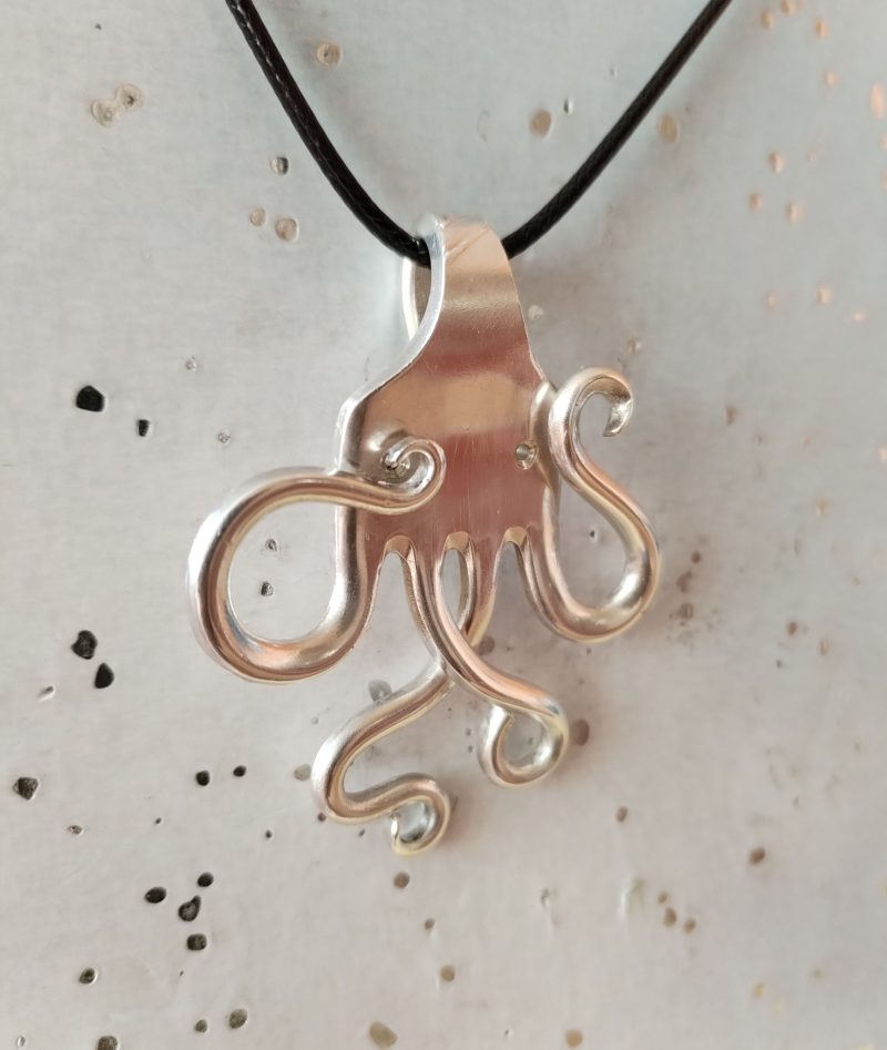 One of a kind silver plated Octopus fork pendant necklace