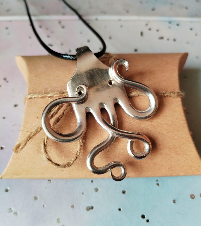 One of a kind silver plated Octopus fork pendant necklace