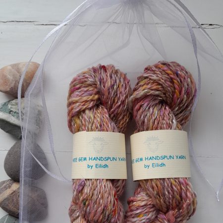 Hand Spun Yarn - Merino Wool, Tencil (nettle), Sari Silk, Gold Stellina - Pink Sprinkles