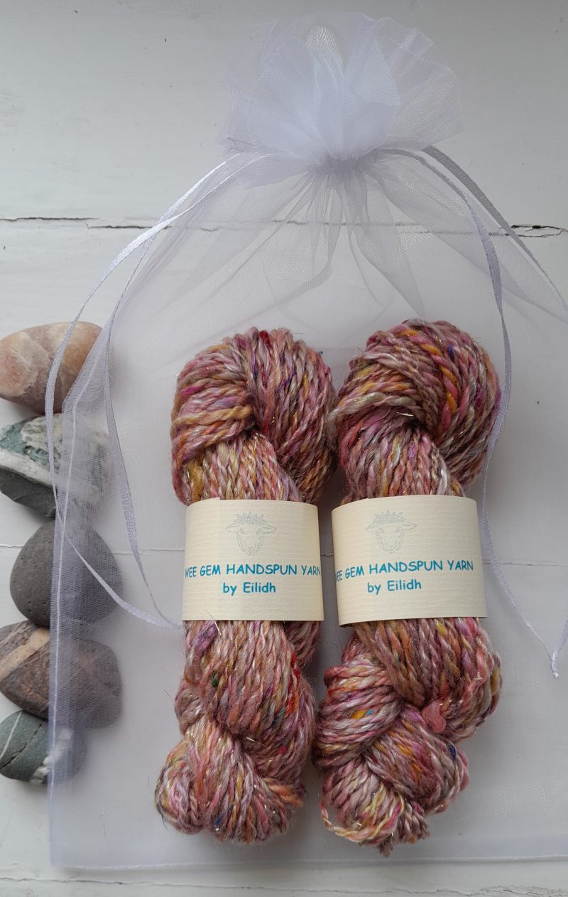 Hand Spun Yarn - Merino Wool, Tencil (nettle), Sari Silk, Gold Stellina - Pink Sprinkles