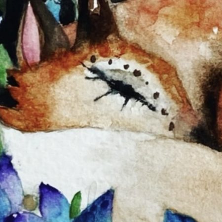 Original Fox Watercolour Painting Full Moon Starry Sky and Blue Flowers Woodland Art
