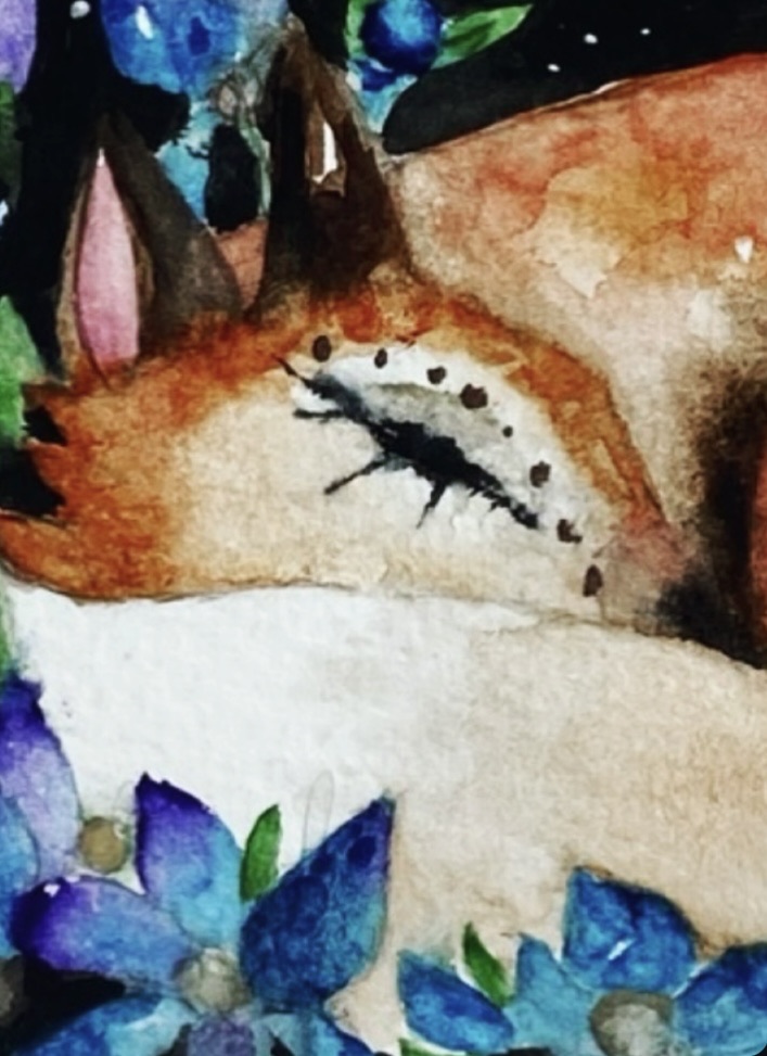 Original Fox Watercolour Painting Full Moon Starry Sky and Blue Flowers Woodland Art