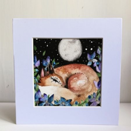 Original Fox Watercolour Painting Full Moon Starry Sky and Blue Flowers Woodland Art