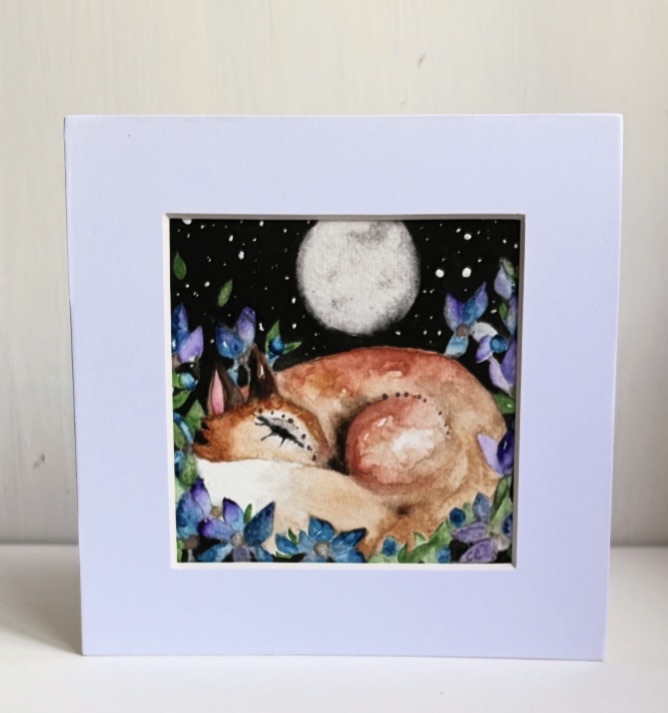 Original Fox Watercolour Painting Full Moon Starry Sky and Blue Flowers Woodland Art