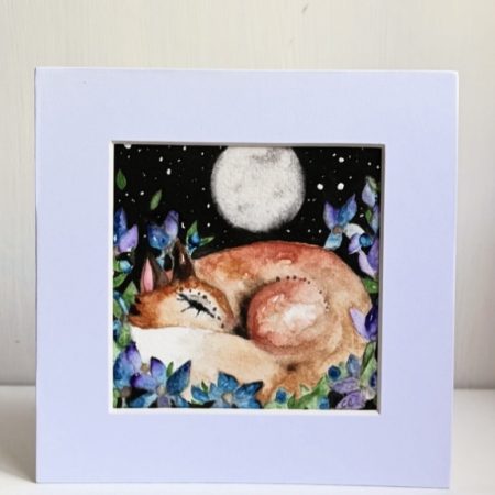 Original Fox Watercolour Painting Full Moon Starry Sky and Blue Flowers Woodland Art