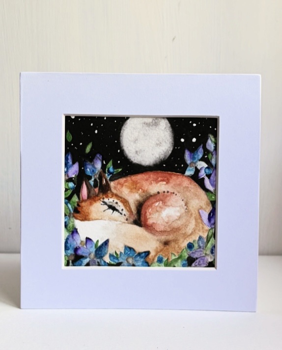 Original Fox Watercolour Painting Full Moon Starry Sky and Blue Flowers Woodland Art