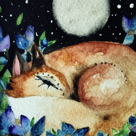 Original Fox Watercolour Painting Full Moon Starry Sky and Blue Flowers Woodland Art