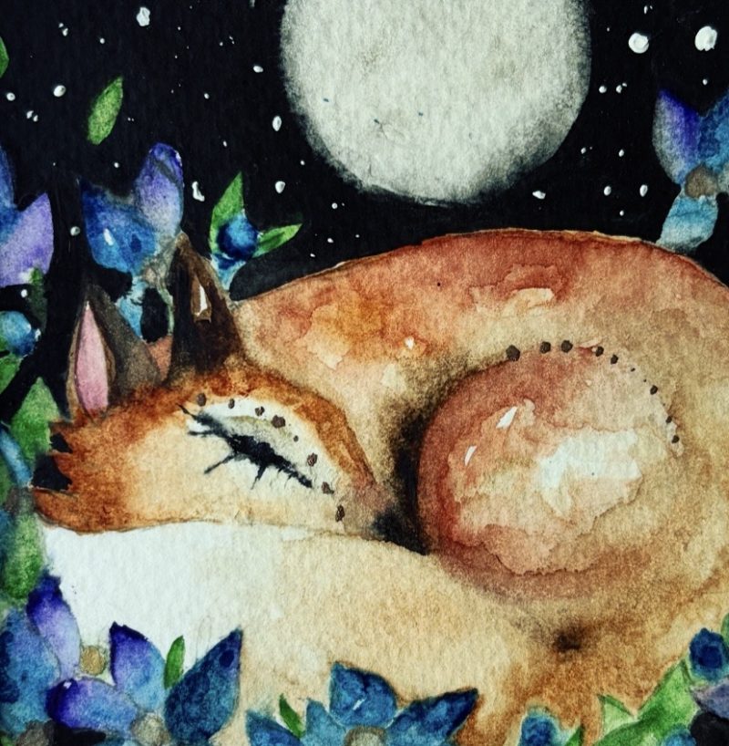Original Fox Watercolour Painting Full Moon Starry Sky and Blue Flowers Woodland Art