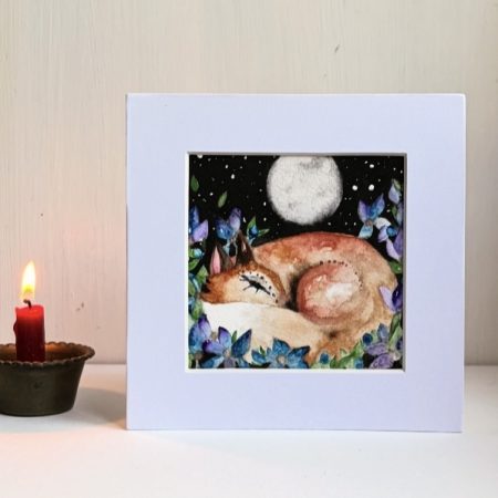 Original Fox Watercolour Painting Full Moon Starry Sky and Blue Flowers Woodland Art