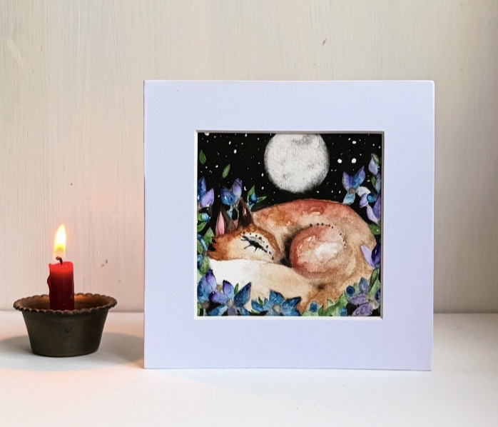 Original Fox Watercolour Painting Full Moon Starry Sky and Blue Flowers Woodland Art