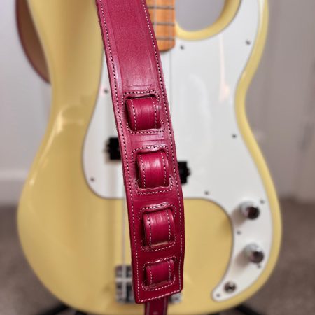 Handmade leather guitar and bass straps made in Mexico. Available in black, blue and burgundy.