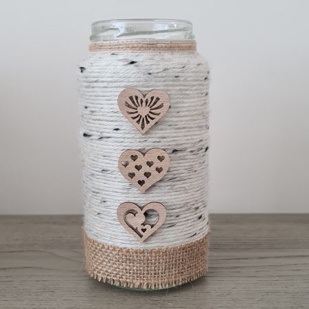 Rustic Style Yarn Wrapped Glass Vase With Wooden Heart Detail