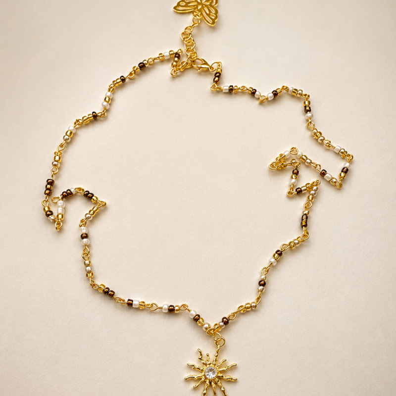 Golden Sun Charm Beaded Necklace | Gold & White Adjustable Necklace