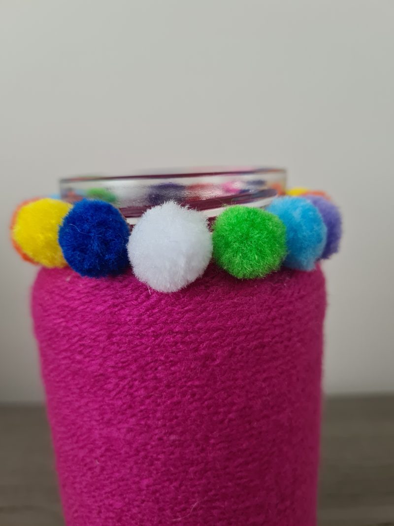 Pink Yarn Wrapped Vase With Pom Pom Detail
