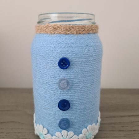Baby Blue Yarn Wrapped Vase With Daisy Ribbon
