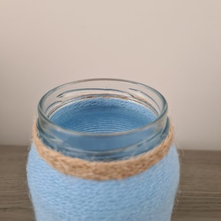 Baby Blue Yarn Wrapped Vase With Daisy Ribbon