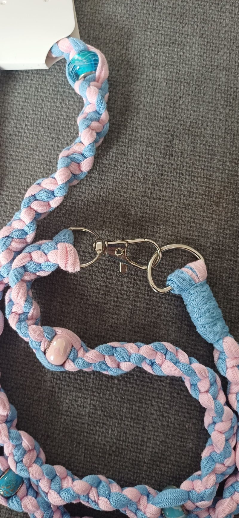 Handmade Macrame Twist Lanyard Keyring – Pink and Blue with Beads