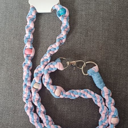 Handmade Macrame Twist Lanyard Keyring – Pink and Blue with Beads