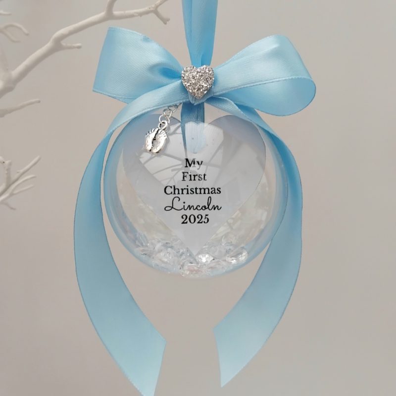 8cm Beautiful Personalised Baby Ornament,New Baby Boy Bauble,First Christmas Bauble,1st Christmas Memory Bauble,Crystal Bauble,Crystal Filled Bauble 🎄