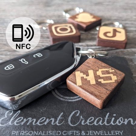 Custom Initials Wood Keychain, scannable NFC Tag