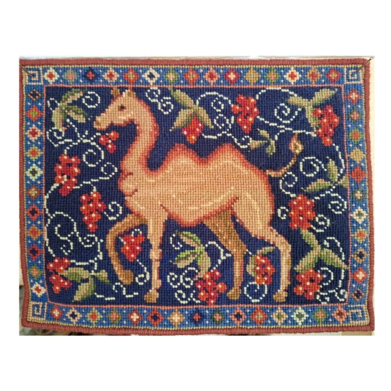 The Camel Velvet Cushion, Tapestry Style Print with Pom-pom Trim