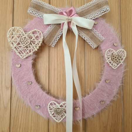 Pink Cashmere Yarn Wrapped Wreath With Wooden Hearts