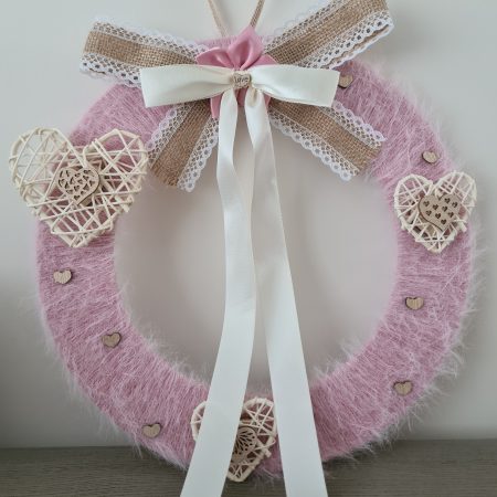 Pink Cashmere Yarn Wrapped Wreath With Wooden Hearts