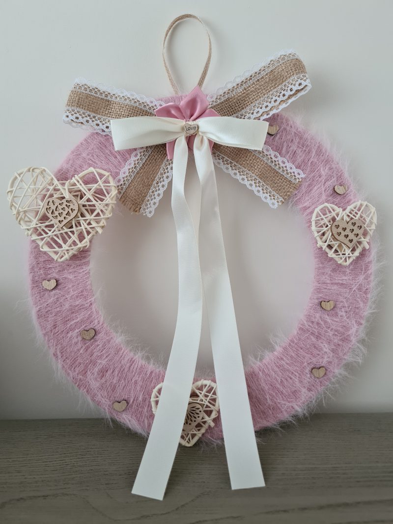 Pink Cashmere Yarn Wrapped Wreath With Wooden Hearts
