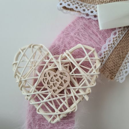 Pink Cashmere Yarn Wrapped Wreath With Wooden Hearts