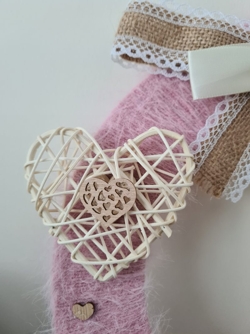 Pink Cashmere Yarn Wrapped Wreath With Wooden Hearts