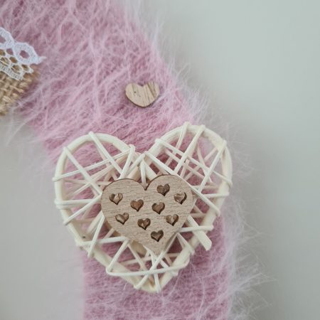 Pink Cashmere Yarn Wrapped Wreath With Wooden Hearts