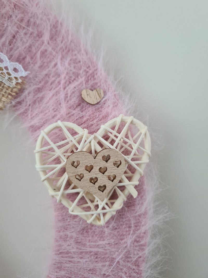 Pink Cashmere Yarn Wrapped Wreath With Wooden Hearts