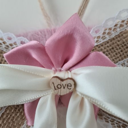 Pink Cashmere Yarn Wrapped Wreath With Wooden Hearts