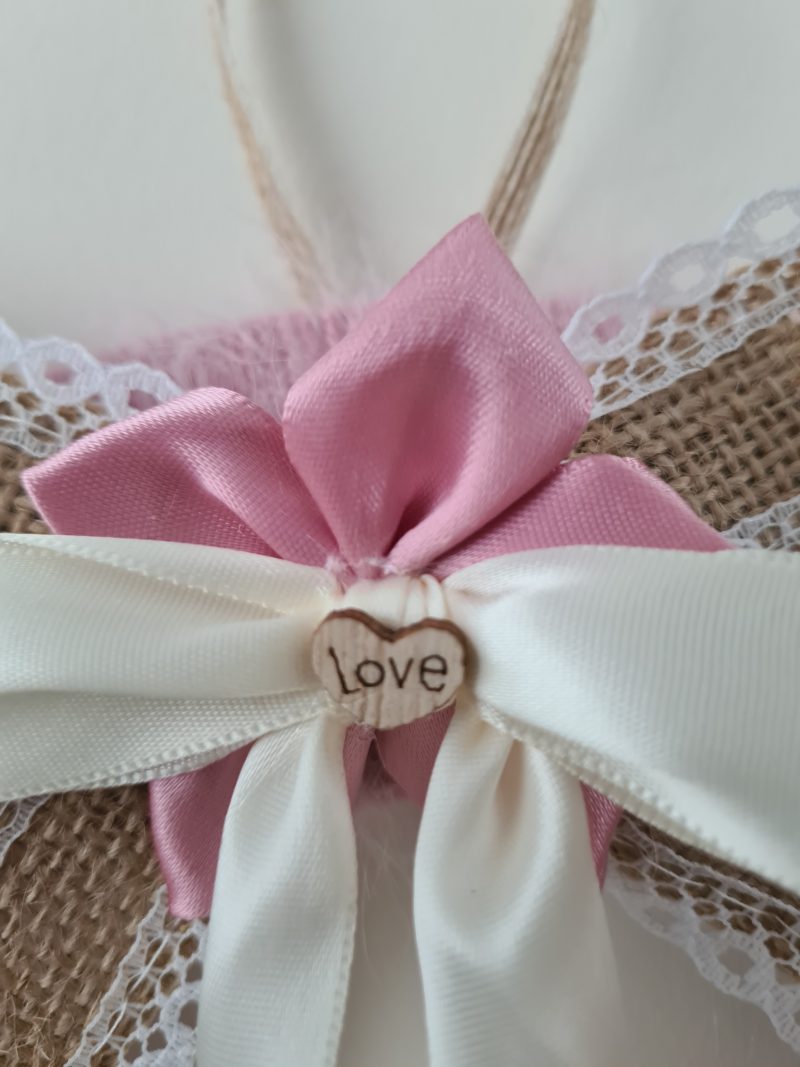 Pink Cashmere Yarn Wrapped Wreath With Wooden Hearts