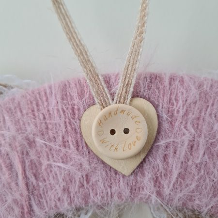 Pink Cashmere Yarn Wrapped Wreath With Wooden Hearts