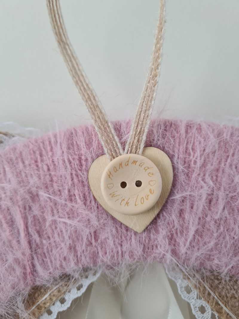 Pink Cashmere Yarn Wrapped Wreath With Wooden Hearts