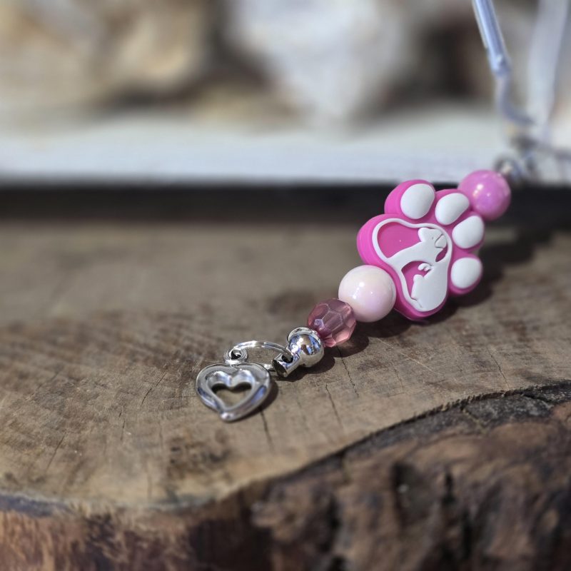 Handmade Beaded Bag Charm with Large Pink Paw Bead