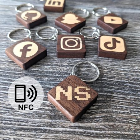 Custom Initials Wood Keychain, scannable NFC Tag