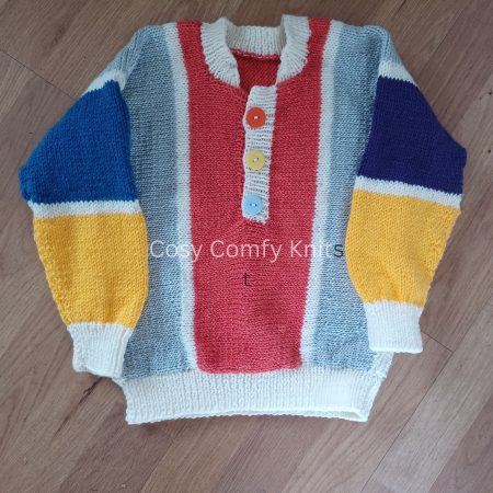 Handknitted Jumper, knitted from side to side. Soft and colourful. Fun and colourful. Made with easy care acrylic yarn.