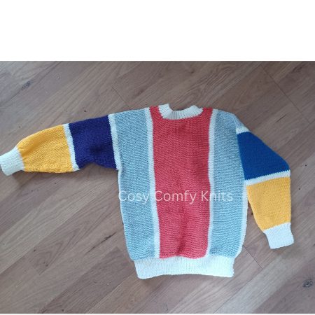 Handknitted Jumper, knitted from side to side. Soft and colourful. Fun and colourful. Made with easy care acrylic yarn.