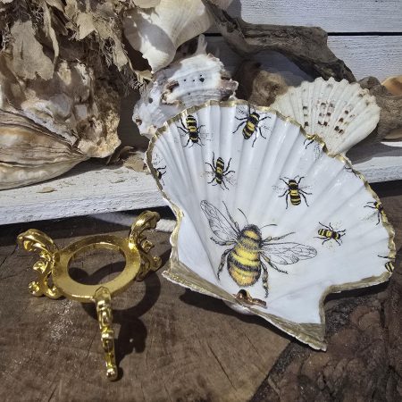 Handmade Bee Design Ring Dish with Metal Stand and Seashell