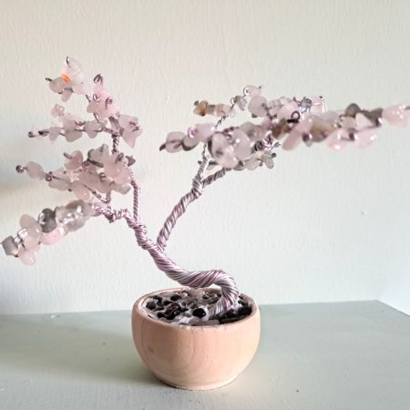 Rose Quartz Tree Sculpture with Twisted Wire in Wooden Pot.