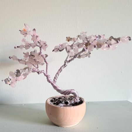 Rose Quartz Tree Sculpture with Twisted Wire in Wooden Pot.