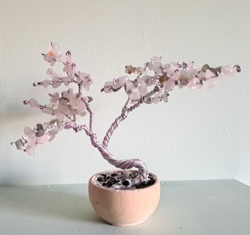 Rose Quartz Tree Sculpture with Twisted Wire in Wooden Pot.
