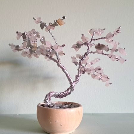 Rose Quartz Tree Sculpture with Twisted Wire in Wooden Pot.