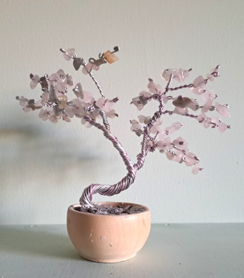 Rose Quartz Tree Sculpture with Twisted Wire in Wooden Pot.