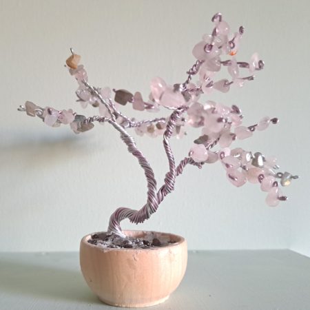 Rose Quartz Tree Sculpture with Twisted Wire in Wooden Pot.
