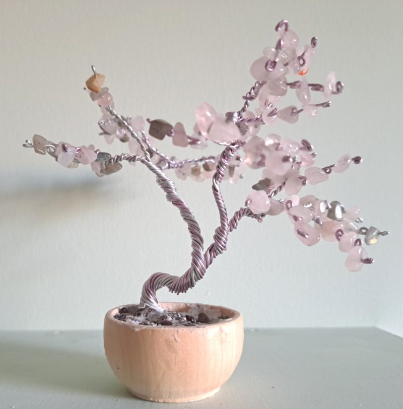Rose Quartz Tree Sculpture with Twisted Wire in Wooden Pot.