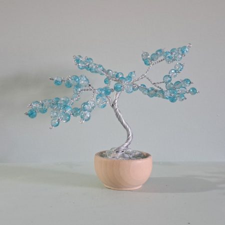 Handmade Wire Tree Sculpture with Blue Glass Beads in Pot,