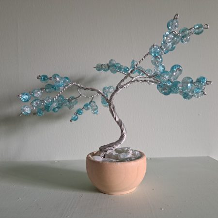 Handmade Wire Tree Sculpture with Blue Glass Beads in Pot,